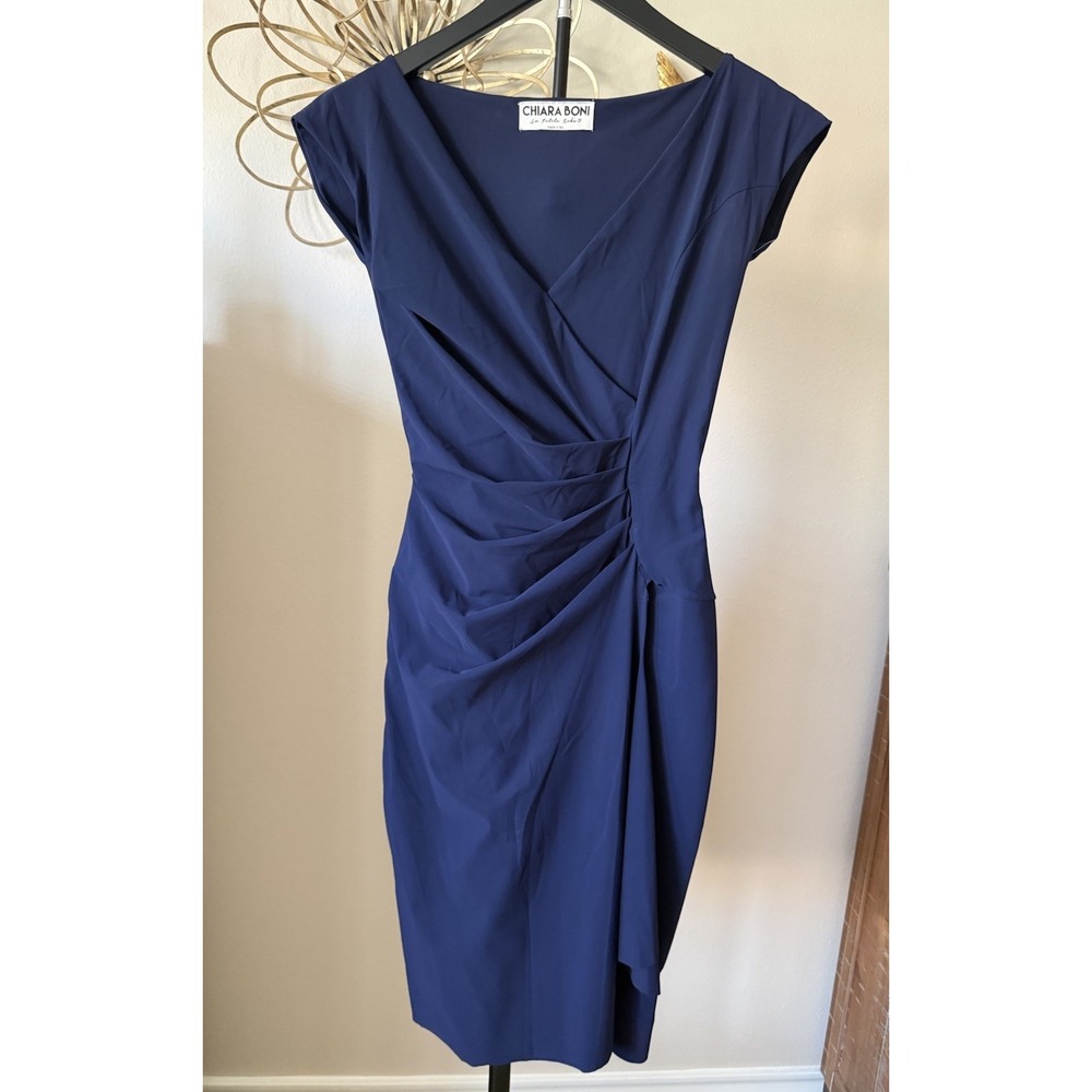 Chiara Boni La Petite Robe Dress 38 US 2 Navy Blue Ruched Draped Sheath Italy